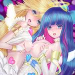  blonde_hair blue_eyes blush bow breasts hair_bow highres large_breasts long_hair mamoru_(mamoru_jinja) medium_breasts multicolored_hair multiple_girls nipples open_mouth panty_&amp;_stocking_with_garterbelt panty_(psg) stocking_(psg) two-tone_hair wings 