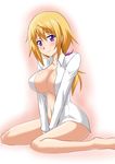  barefoot blonde_hair blush breasts charlotte_dunois cleavage infinite_stratos large_breasts long_hair naked_shirt no_bra no_panties open_clothes open_shirt purple_eyes shirt sitting smile solo wariza zerosu_(take_out) 