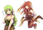  :d armor bare_shoulders belt boots bow choker gloves green_eyes green_hair hair_bow kara_(color) long_hair multi-tied_hair multiple_girls open_mouth pantyhose pouch primiera_(saga) red_eyes red_hair saga saga_frontier_2 shorts simple_background smile tattoo virginia_knights 