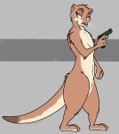  2018 ambiguous_gender anthro blue_eyes cheek_tuft chest_tuft digital_drawing_(artwork) digital_media_(artwork) dipstick_tail elbow_tufts eye_markings facial_markings fur gun handgun hi_res holding_object holding_weapon looking_back mammal markings multicolored_fur multicolored_tail mumblemaw mustelid navel nude otter paws pistol ranged_weapon shem simple_background solo standing trigger_discipline tuft two_tone_fur weapon 