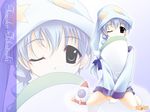  alarm_clock blue_hair braid clock fujiwara_warawara haruka_ni_aogi_uruwashi_no hat long_hair one_eye_closed pillow sitting sleepwear solo takatsuki_tonoko wallpaper wariza zoom_layer 