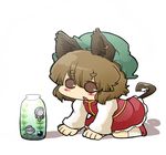  animal_ears bad_id bad_pixiv_id blush_stickers brown_eyes brown_hair cat_ears cat_tail chen chibi dress earrings hat jar jewelry nura_(oaaaaaa) shadow solo tadpole tail touhou 