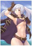  1girl bare_shoulders beach bikini deekei female_my_unit_(fire_emblem:_kakusei) fire_emblem fire_emblem:_kakusei fire_emblem_heroes gloves highres jewelry long_hair mamkute my_unit_(fire_emblem:_kakusei) navel nintendo o-ring o-ring_bikini robe solo swimsuit twintails water white_hair yellow_eyes 