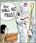  beard black_hair cartoon facial_hair frodo_baggins gandalf hair hand humor john_deering john_deering_(artist) lord_of_the_rings paper polearm school staff 