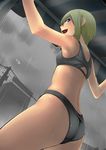  :d armpits ass back bangs black_bra black_hair blonde_hair blue_eyes blush bra cloud cloudy_sky donarudo dutch_angle fang flat_chest from_below highres kon_futaba looking_back naughty_face open_mouth outstretched_arms panties power_lines rain short_hair sideways_mouth sky smile solo soredemo_machi_wa_mawatteiru sports_bra spread_arms standing telephone_pole transformer underwear underwear_only wet 