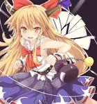  alcohol armpits belt bow broken_moon chain dress efe face hair_bow horn_ribbon horns ibuki_suika long_hair moon orange_eyes orange_hair ribbon sake smile solo touhou very_long_hair 