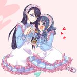  2girls bad_id bad_pixiv_id blue_eyes blue_hair dessert drooling feeding food frilled_skirt frills glasses headdress heart heartcatch_precure! kurumi_erika lolita_fashion long_hair maid maid_headdress mirrrrr multiple_girls precure purple_hair saliva skirt sweet_lolita tsukikage_yuri 