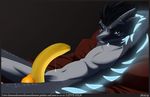  banana bed bioluminescence black_eyes censored creative_censorship dark_hair edible_censorship glowing looking_at_viewer male markings orange precum resting scalie shiuk shiuk_(character) solo what 