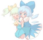  bad_id bad_pixiv_id blue_eyes blue_hair blush cirno closed_eyes daiyousei green_hair hair_ribbon hug kansou_samehada multiple_girls ribbon simple_background touhou wings 