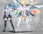  alternate_costume aqua_eyes aqua_hair bad_id bad_pixiv_id digital_dissolve digital_media_player hatsune_miku headphones highres long_hair outstretched_arm solo standing thighhighs twintails vocaloid yuumeibokumeimei zettai_ryouiki 