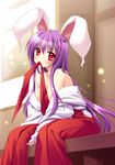  animal_ears bad_id bad_pixiv_id bare_shoulders breasts bunny_ears cleavage hakama japanese_clothes kinosaki_yuki medium_breasts miko mouth_hold off_shoulder purple_hair red_eyes red_hakama reisen_udongein_inaba sitting solo touhou 