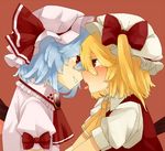  ascot bad_id bad_pixiv_id blonde_hair blue_hair blush brooch eye_contact face face-to-face flandre_scarlet grin hat incest jewelry looking_at_another multiple_girls neckerchief profile red_eyes remilia_scarlet short_hair siblings sisters smile tongue touhou upper_body yomosaka yuri 