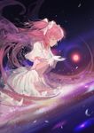  alphonse_(white_datura) alternate_costume commentary dress english_commentary feathers gloves kaname_madoka long_hair magic_circle mahou_shoujo_madoka_magica pink_hair solo space spoilers sun two_side_up ultimate_madoka white_dress white_gloves wings yellow_eyes 