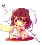  animal_ears baby barefoot biting bloomers blush brown_hair bunny_ears bunny_tail carrot chewing chibi chocolat_(momoiro_piano) dress finger_biting fingers full_body inaba_tewi out_of_frame short_hair simple_background solo_focus tail touhou underwear younger 