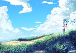  bicycle blue_hair cloud day grass ground_vehicle hatsune_miku hopper long_hair long_sleeves looking_to_the_side md5_mismatch mixed_media outdoors path profile road scenery shirt skirt sky solo very_long_hair vest vocaloid water 