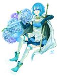  ankle_boots bad_id bad_pixiv_id blue_eyes blue_footwear blue_hair boots cape floating_hair flower full_body gloves hair_between_eyes highres hydrangea magical_girl mahou_shoujo_madoka_magica miki_sayaka moemoe3345 short_hair simple_background sitting solo sword thighhighs weapon white_gloves white_legwear 