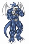  bulge claws digimon dilgearwolfang dragon exveemon face_markings fangs horns klaufman male markings muscles nude red_eyes reptile scalie solo standing tail wings 