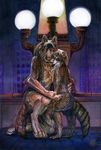  alectorfencer canine city couple female male raccoon straight street_light wolf 