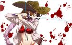  aya_(oneechanbara) blood bra breasts feather_boa hat medium_breasts nyoro_(nyoronyoro000) oneechanbara open_clothes open_shirt panties red_bra red_panties shirt simple_background solo sword underwear weapon white_background 