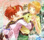  1girl bare_shoulders blonde_hair clain closed_eyes earrings flower fractale green_eyes hair_flower hair_ornament holding_hands interlocked_fingers jewelry long_hair necklace nessa open_mouth red_hair smile tsukasa_kinako twintails 