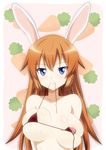  animal_ears bikini bikini_in_mouth bikini_top blue_eyes breasts bunny_ears charlotte_e_yeager huge_breasts long_hair micro_bikini mouth_hold nekomimi_kanon orange_hair solo strike_witches string_bikini swimsuit world_witches_series 