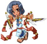  armpits bad_id bad_pixiv_id black_hair brown_eyes chibi dual_wielding holding open_mouth pants ribbon sandals short_hair short_twintails smile solo soulcalibur talim tonfa twintails weapon yamazaki_sakura 