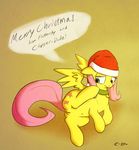  blue_eyes christmas clopper-dude cutie_mark english_text equine female feral fluttershy_(mlp) friendship_is_magic fur hair hat holidays horse mammal my_little_pony pegasus pink_hair pony presenting pussy santa_hat simple_background solo spread_legs spreading text wings yellow_fur 