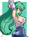  armpits blush breasts covered_nipples detached_sleeves green_eyes green_hair highres kochiya_sanae large_breasts long_hair sideboob solo touhou yuro 