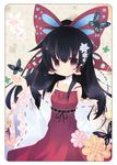  adapted_costume bare_shoulders black_hair bow bug butterfly butterfly_hair_ornament butterfly_wings detached_sleeves flower hair_bow hair_flower hair_ornament hair_ribbon hair_tubes hakurei_reimu insect kurata_yumi pink_eyes ribbon rounded_corners smile solo strap_slip touhou wide_sleeves wings 