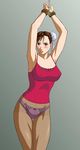  1girl armpits arms_up bare_shoulders blush breasts brown_eyes brown_hair capcom chun-li double_bun erect_nipples highres hips large_breasts legs looking_at_viewer panties pantyhose pink_panties red short_hair simple_background solo standing street_fighter sweat thighs tied_up underwear x_bokkis 