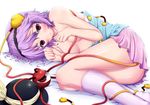  ao_banana bad_id bad_pixiv_id blush breasts colored_eyelashes eyeball feet_out_of_frame fetal_position hairband hands hat heart highres kneehighs komeiji_satori looking_at_viewer lying no_panties off_shoulder on_side open_clothes pink_skirt purple_hair red_eyes skirt small_breasts solo thighs third_eye topless touhou white_legwear 