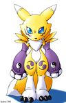  2003 blue_eyes chest_tuft digimon elbow_gloves face_markings karabiner leg_markings looking_at_viewer solo standing tail yellow 