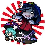  &gt;_&lt; bandaid chibi closed_eyes crossed_bandaids drooling hat jiangshi miyako_yoshika multiple_girls o_o ofuda outstretched_arms pale_skin scared short_hair simple_background socha star tatara_kogasa teardrop touhou umbrella zombie_pose 