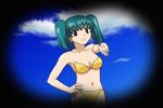  aqua_hair arm armpits arms bare_shoulders bikini binoculars blue_eyes breasts cleavage cloud female green_hair hand_on_hip honjo_mikaze midriff navel pose posing seducing short_hair sky strapless strapless_bikini strapless_swimsuit stratos_4 swimsuit tagme twintails 