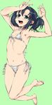  armpits baba_arumi bad_id bad_pixiv_id barefoot bikini black_hair blue_eyes blush colorized copyright_request face feet flat_chest green_background short_hair solo swimsuit twintails 