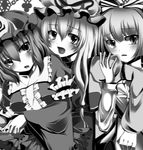  bad_id bad_pixiv_id blush bow fang fujiwara_no_mokou greyscale hair_bow hakomonotown hat monochrome multiple_girls saigyouji_yuyuko smile touhou yakumo_yukari 