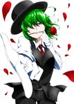  dress_shirt flower flower_in_mouth foreshortening formal gloves green_hair hair_over_one_eye hat kazami_yuuka lips lipstick makeup mattari_yufi mouth_hold necktie pant_suit petals pointing red_eyes red_flower red_neckwear red_rose rose rose_petals shirt short_hair simple_background solo suit touhou vest white_background white_gloves 