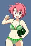  bare_shoulders bikini breast_rest breasts carried_breast_rest cleavage food fruit highres holding holding_food holding_fruit lyrical_nanoha mahou_shoujo_lyrical_nanoha_strikers medium_breasts numbers_(nanoha) oda_masaru red_eyes red_hair simple_background smile solo swimsuit watermelon wendi_(nanoha) 