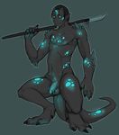  bioluminescence black_hair blue_eyes claws glowing hair male markings penis polearm sheath solo spear spikes tail tojo_the_thief unknown_species weapon 