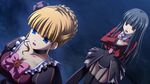  artist_request beatrice black_flower black_hair black_legwear black_rose blonde_hair blue_eyes bow breasts cleavage flower long_hair lucifer medium_breasts multiple_girls necktie official_art ougon_musou_kyoku pink_bow pink_neckwear red_eyes rose stakes_of_purgatory thighhighs umineko_no_naku_koro_ni 