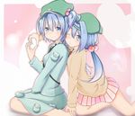  alternate_costume blue_dress blue_eyes blue_hair blush dress dual_persona hair_bobbles hair_ornament hat heart heart_hands kawashiro_nitori multiple_girls one_eye_closed school_uniform smile takaha_(haiburijji) touhou two_side_up 