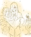  1girl 2boys carrying closed_eyes dress formal hair_over_one_eye happy jealous long_hair monochrome multiple_boys nia_teppelin oversized_limbs petals princess_carry simon sketch suit taira_momen tengen_toppa_gurren_lagann tuxedo viral 