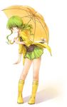  bangs boots full_body green_eyes green_hair green_skirt hair_ornament hair_scrunchie highres holding holding_umbrella long_hair looking_to_the_side original pleated_skirt ponytail raincoat rainy_(rbb) rainybluebell rojiko rubber_boots scrunchie shiny shiny_skin sidelocks skirt sleeves_folded_up solo standing teruterubouzu umbrella yellow_coat yellow_footwear yellow_scrunchie yellow_umbrella 