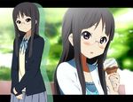  black_eyes black_hair blazer blush extra food glasses ice_cream jacket k-on! kisuke_(akutamu) letterboxed long_hair purple_eyes school_uniform smile solo takahashi_fuuko 