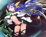  asymmetrical_wings bad_id bad_pixiv_id blue_hair bow breasts center_opening choker cleavage dizzy guilty_gear hair_bow hair_over_one_eye large_breasts long_hair midriff red_eyes ribbon solo tail tail_ribbon thighhighs ultra00 underboob wind wings 