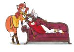  anthro brown_hair canine deadrabbit duo female fox hair lagomorph long_brown_hair long_hair long_red_hair mammal plain_background rabbit red_hair sofa tail white_background 