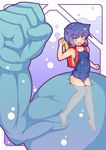  animal_ears arcana_heart backpack bag bakuretsumomo barefoot blue_hair brown_eyes cat_ears clenched_hand clenched_hands daidouji_kira flat_chest one-piece_swimsuit randoseru school_swimsuit short_hair solo swimsuit 