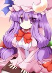  :&lt; book bow breasts crescent hair_ribbon hat large_breasts long_hair patchouli_knowledge purple_eyes purple_hair ribbon shirogane_(platinum) solo touhou 