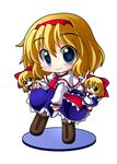  alice_margatroid blonde_hair blue_eyes blush boots chibi doll faux_figurine full_body highres pantyhose shanghai_doll shinjitsu short_hair simple_background solo touhou 