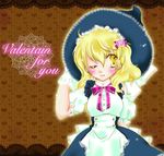  adapted_costume bare_shoulders bloom candy1024 doily engrish gloves hands_on_headwear hat heart kirisame_marisa one_eye_closed ranguage ribbon short_sleeves solo touhou valentine witch_hat 